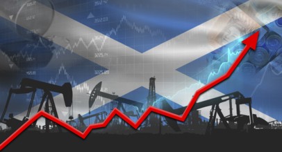Oil pumps with Scotland flag. Oil production with Scotland flag, petrol industry