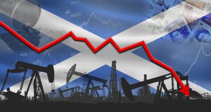 Fall oil price with flag of Scotland on economic chart, Petrol crisis with Scotland flag on