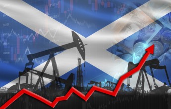 Oil production with Scotland flag, petrol industry. Oil pumps with Scotland flag