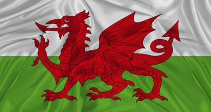 Flag of Wales with cloth texture. Close up of Wales flag waving