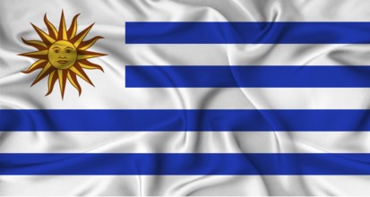 Realistic Uruguay flag waving. Close up of flag of Uruguay with cloth texture