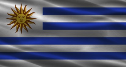 Uruguay flag with fabric texture. Realistic flag of Uruguay waving