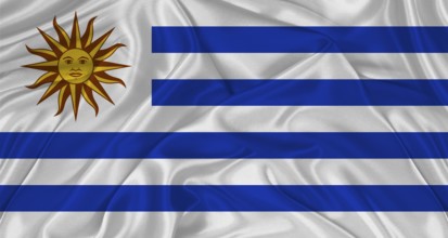 Flag of Uruguay with cloth texture. Close up of Uruguay flag waving