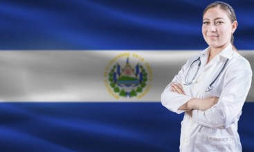 Female doctor on El Salvador flag. Doctor with crossed arms on El Salvador flag. El Salvador health
