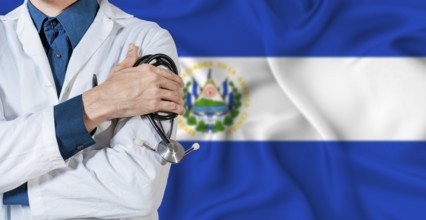 El Salvador healthcare concept. Doctor with stethoscope on El Salvador flag. Doctor holding