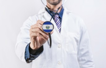 El Salvador healthcare system, doctor holding stethoscope. El Salvador health and medical insurance