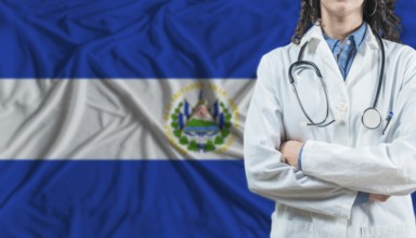 Medical professional on El Salvador flag. Healthcare and wellness in El Salvador, Concept