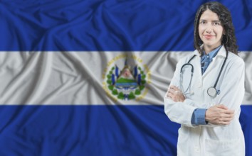 Salvadoran medicine and healthcare concept. Doctor close up against El Salvador flag background