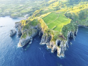 Cape Furado, Cliffs, Green Lush Fields, Pasturelands and Atlantic Ocean on Sunny Morning. Azores,