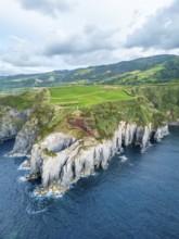 Cape Furado, Cliffs, Green Lush Hills, Fields, Pasturelands and Atlantic Ocean. Azores, Sao Miguel