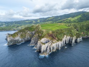 Cape Furado, Cliffs, Green Lush Hills, Fields, Pasturelands and Atlantic Ocean. Azores, Sao Miguel