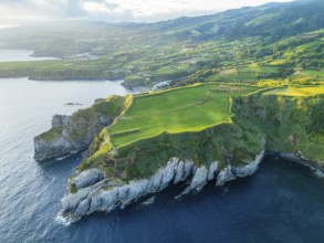 Cape Furado, Cliffs, Green Lush Fields, Pasturelands and Atlantic Ocean on Sunny Morning. Azores,