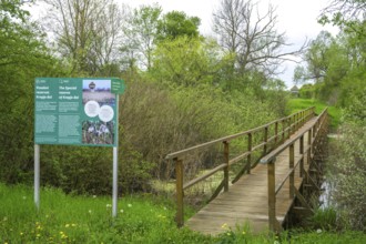 Information board and wooden bridge into the Krapje Dol nature reserve, Krapje, Sisak-Moslavina