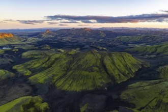 Moss-covered landscape with mountains in the Icelandic Highlands, Iceland