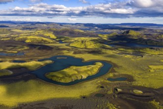 Moss-covered landscape and lakes in the Icelandic Highlands, Iceland