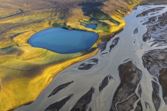 Turquoise crater lake and glacial river, Icelandic Highlands, Iceland