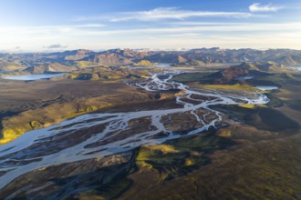 Landscape with river and mountains, Icelandic Highlands, Iceland