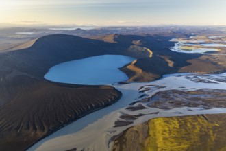 Turquoise crater lake Skyggnisvatn and glacial river, Icelandic Highlands, Iceland