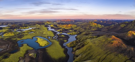 Moss-covered landscape and lakes in the Icelandic Highlands, Iceland