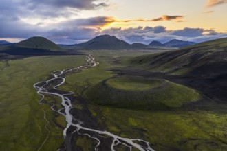 Volcanic crater with intertwined river, Landmannalaugar region, Icelandic Highlands, Iceland