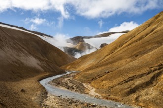 Steaming springs and colourful rhyolite mountains, Hveradalir geothermal area, Kerlingarfjöll,