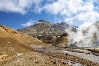 Steaming springs and colourful rhyolite mountains, Hveradalir geothermal area, Kerlingarfjöll,