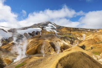 Steaming springs and colourful rhyolite mountains, Hveradalir geothermal area, Kerlingarfjöll,