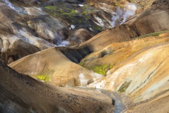 Steaming springs and colourful rhyolite mountains, Hveradalir geothermal area, Kerlingarfjöll,