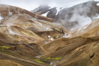 Steaming springs and colourful rhyolite mountains, Hveradalir geothermal area, Kerlingarfjöll,