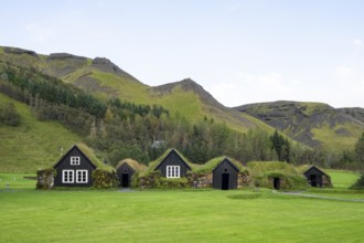 Traditional houses with grass roofs at Skogar Museum, South Iceland, Iceland