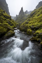 River in narrow gorge, Þakgil, Pakgil, Icelandic Highlands, Iceland