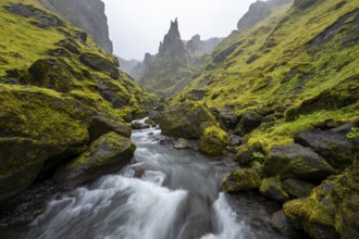 River in narrow gorge, Þakgil, Pakgil, Icelandic Highlands, Iceland