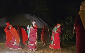 Kodava woman in traditional dress dancing in the evening, Coorg, Karnataka, India