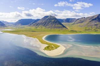 Fjord with sandy beach and mountains, Westfjords, West Iceland, Iceland