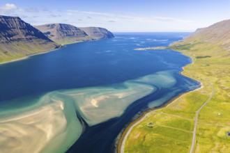 Fjord with sandy beach and mountains, Westfjords, West Iceland, Iceland