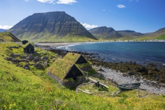 Traditional houses of an old fishing village, Ósvör Fishing Museum, Bolungarvik, Westfjords, West