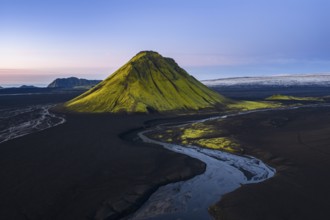 Moss-covered mountain Mælifell, Maelifell, behind glacier Myrdalsjökull, Icelandic Highlands,