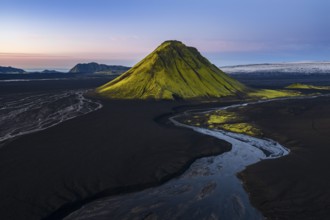 Moss-covered mountain Mælifell, Maelifell, behind glacier Myrdalsjökull, Icelandic Highlands,