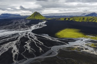 Moss-covered mountain Mælifell, Maelifell, behind glacier Myrdalsjökull, Icelandic Highlands,