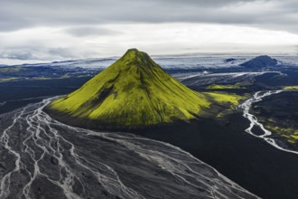 Moss-covered mountain Mælifell, Maelifell, behind glacier Myrdalsjökull, Icelandic Highlands,