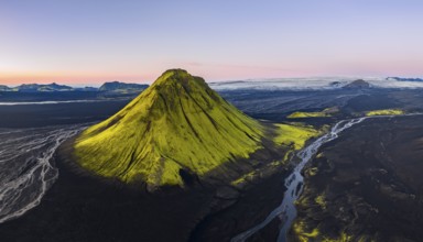 Moss-covered mountain Mælifell, Maelifell, behind glacier Myrdalsjökull, Icelandic Highlands,