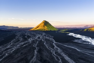 Moss-covered mountain Mælifell, Maelifell, behind glacier Myrdalsjökull, Icelandic Highlands,