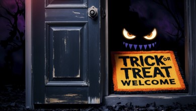 A dark doorway features an ominous figure with glowing eyes. A vibrant welcome mat with Halloween