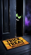 A dark door slightly ajar reveals a hidden monster with glowing green eyes and a spooky atmosphere,