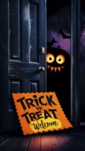Spooky Halloween door with a welcoming sign reading trick or treat and playful cute pumpkin monster