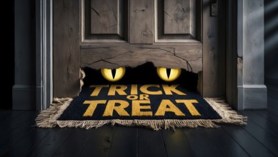 Worn wooden door with glowing monster eyes behind a tattered welcome mat that reads trick or treat