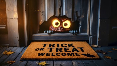 An eerie wooden door revealing a monster with yellow glowing eyes peeking through a hole. A trick