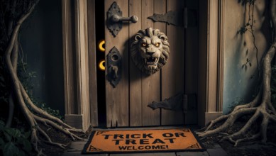 Two bright yellow eyes peer out from the wooden door with a lion knocker, waiting for trick or