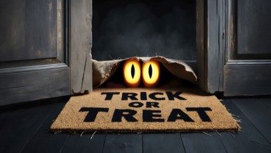 A welcoming mat with the words Trick or Treat sits at a doorway. Spooky yellow monster eyes peek