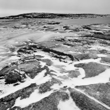 Rocky landscape in Ramvikslandet nature reserve, black and white, analogue, Bohuslän, Västra
